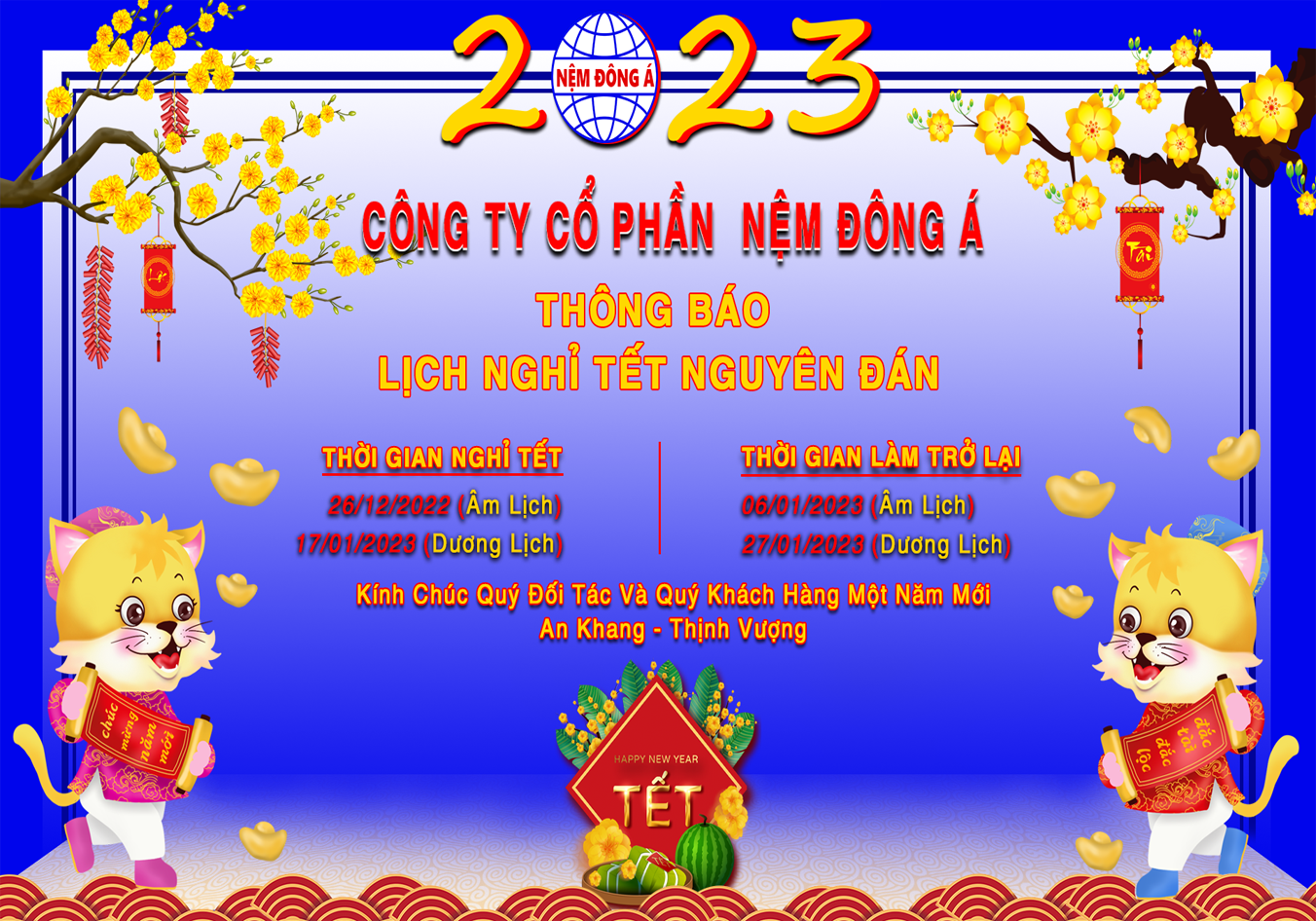 lịch nghỉ tết nguyên đáng 2023 nệm đông á